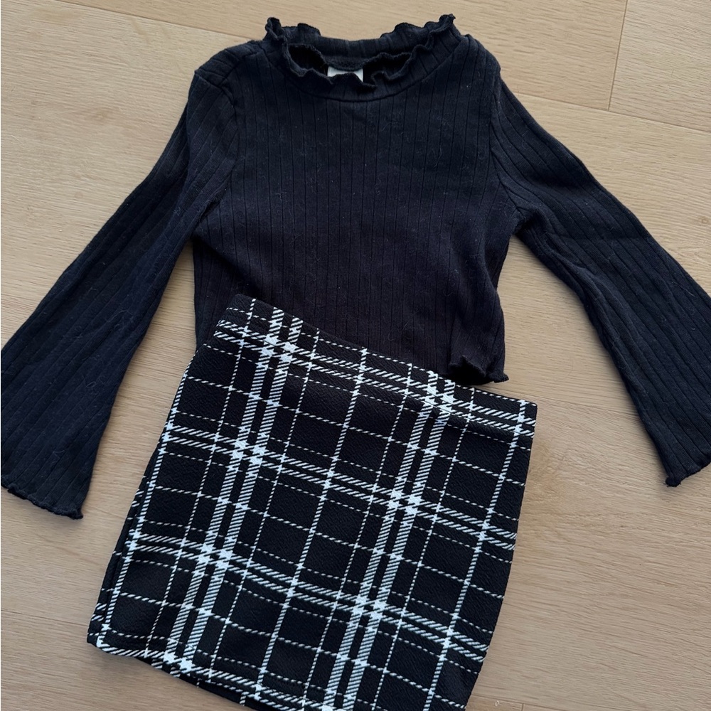 Black Ribbed Ruffle Neck Top & Black White Plaid Mini Skirt Set